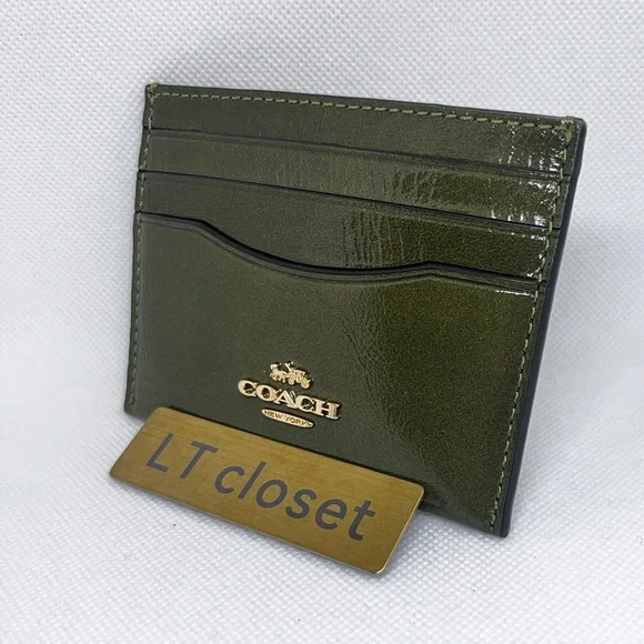 NWT Coach Slim Id Card Case Powder CBL81 Shiny crinkle leather Gold/Olive - Picture 3 of 6